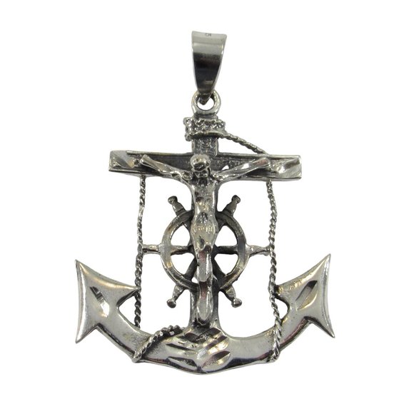 Solid 925 Sterling Silver Anchor With Helm & Crucifix Pendant - Nautical Jewelry - Picture 4 of 8